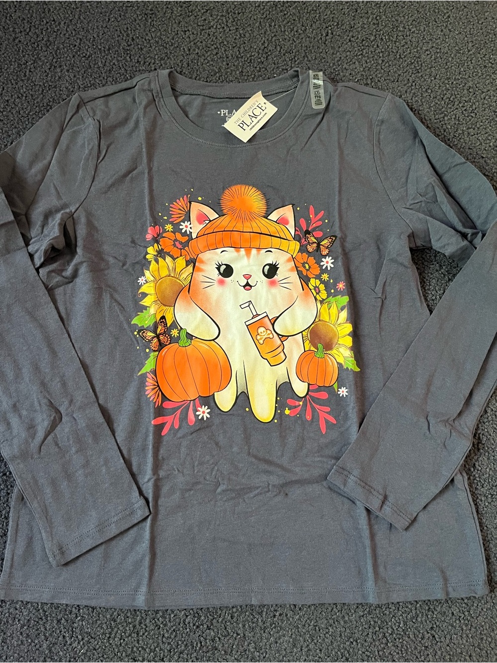 The Children's Place Charcoal Long-Sleeve Cat & Pumpkin Graphic Tee